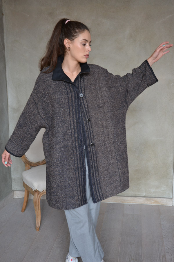 Knielanger Kimono Wollmantel, braun/anthrazit