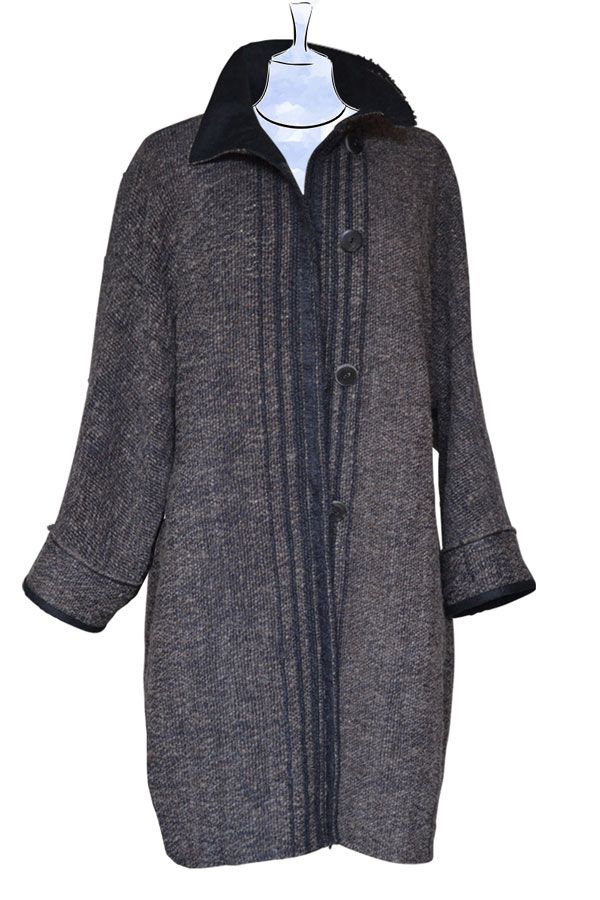 Knielanger Kimono Wollmantel, braun/anthrazit // Front
