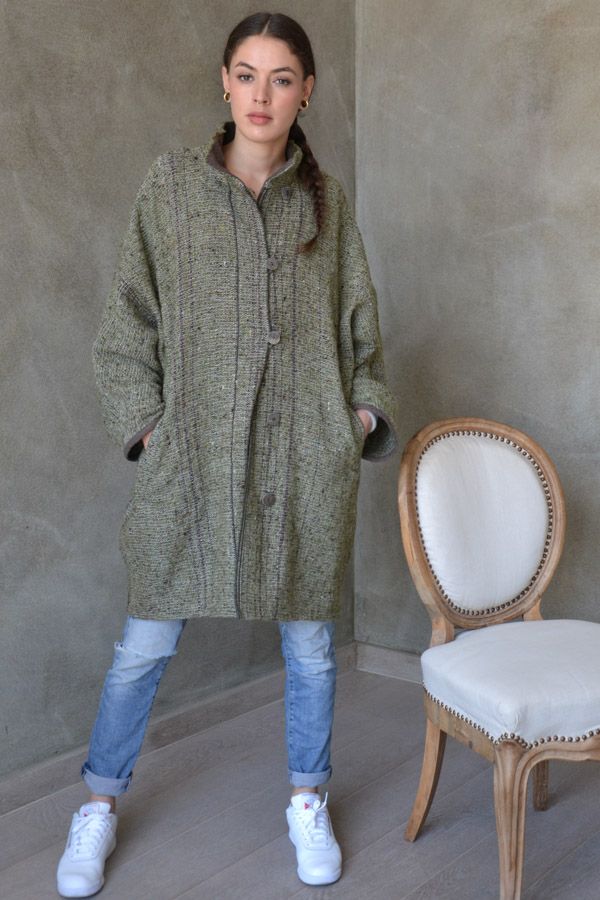 Knielanger Wollkimono-Mantel Carmela, grünmeliert